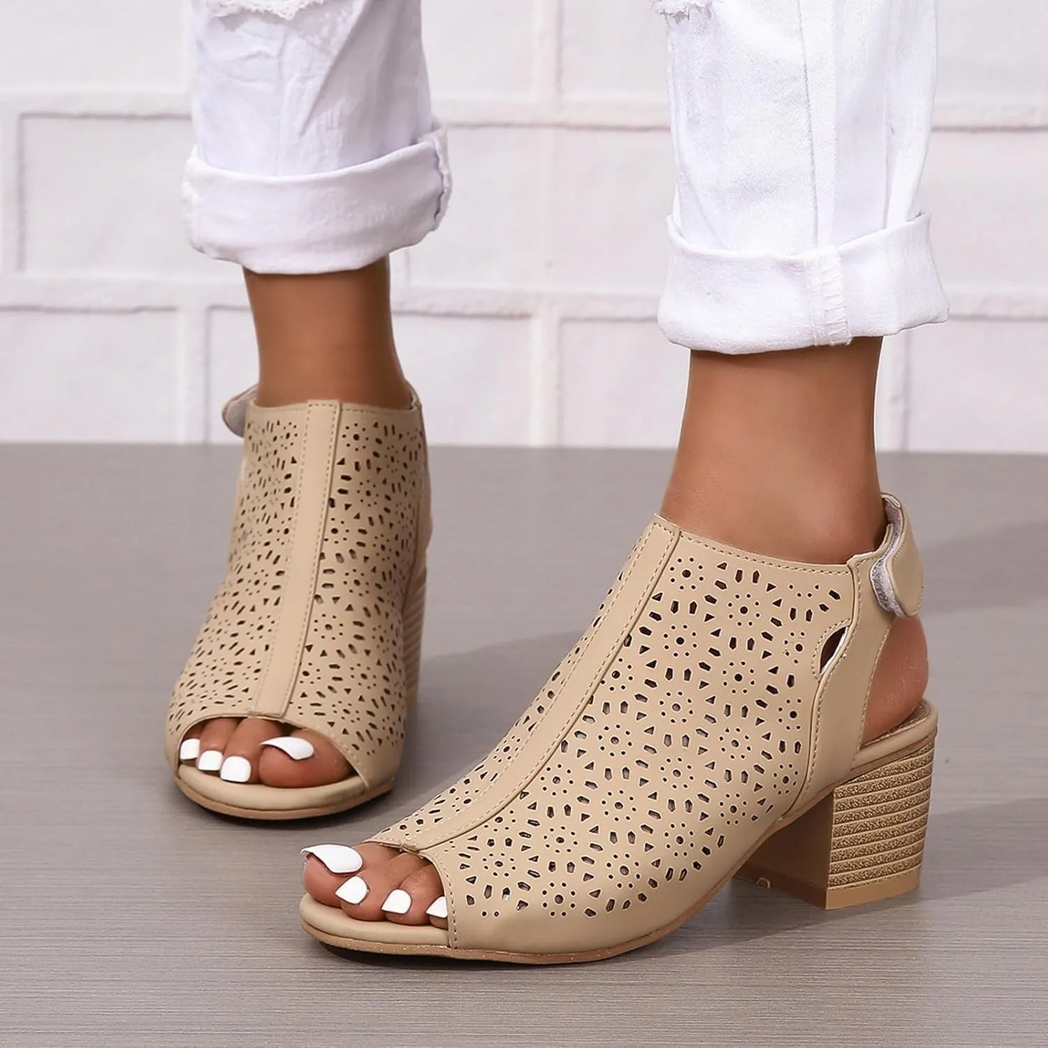 Women's Peep Toe Cutout Sandals Slingback Ankle Strap Low Stacked Heel Ankle Bootie Summer Dress Sandals