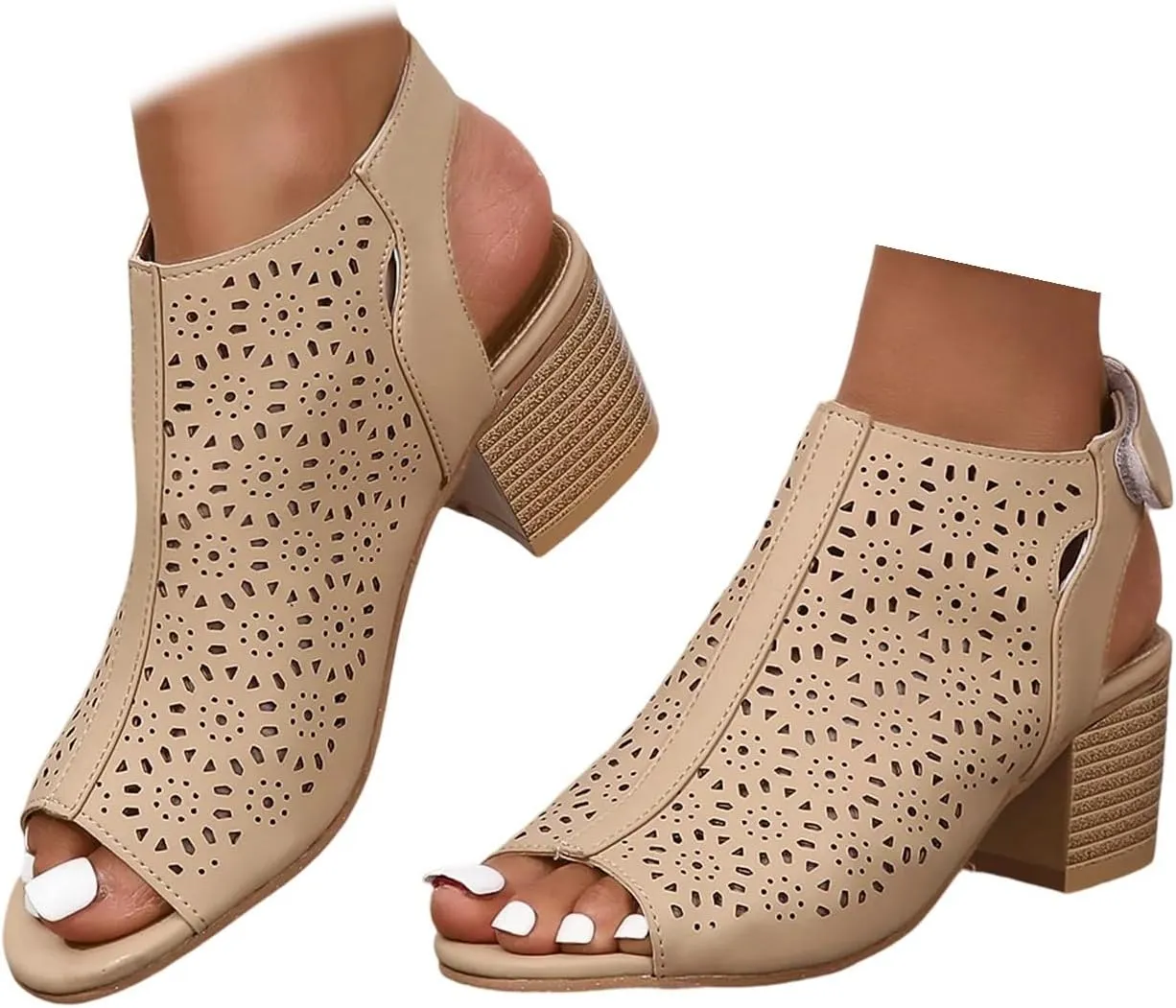 Women's Peep Toe Cutout Sandals Slingback Ankle Strap Low Stacked Heel Ankle Bootie Summer Dress Sandals