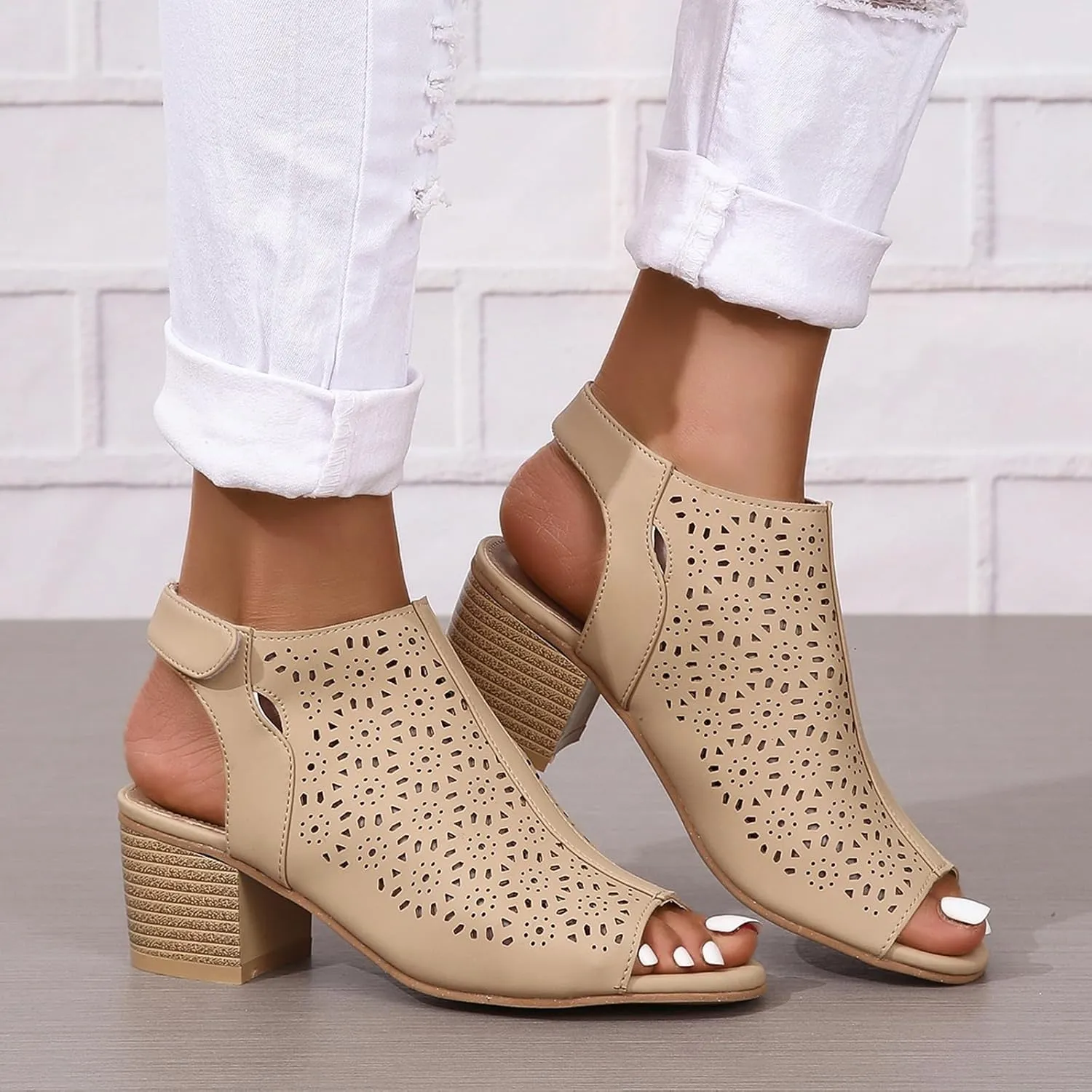 Women's Peep Toe Cutout Sandals Slingback Ankle Strap Low Stacked Heel Ankle Bootie Summer Dress Sandals