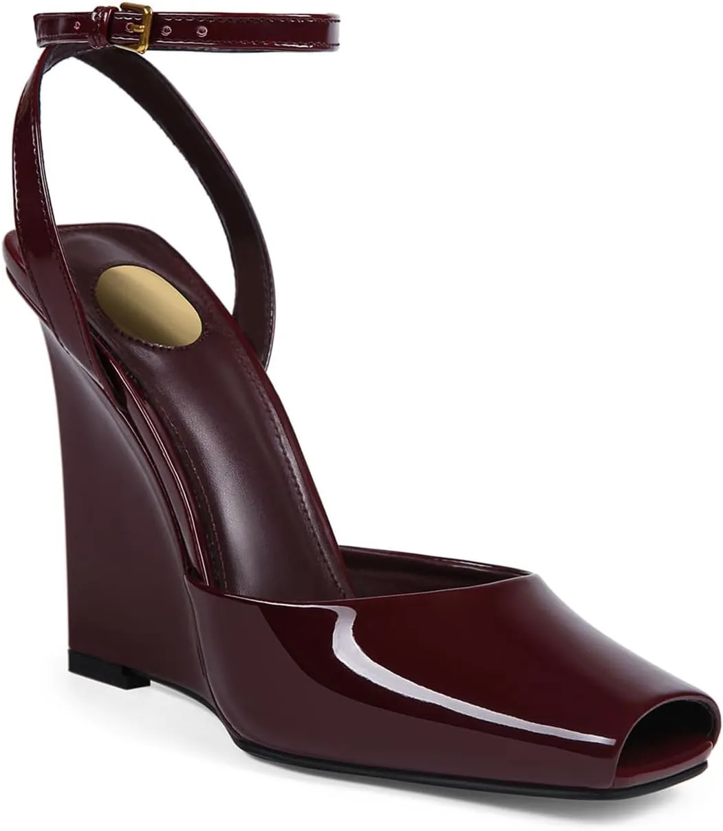 Womens Peep Toe Heels Open Toe Wedge Heels Stiletto Patent Leather Ankle Strap Buckle Sandalsfor Party, Wedding, Evening