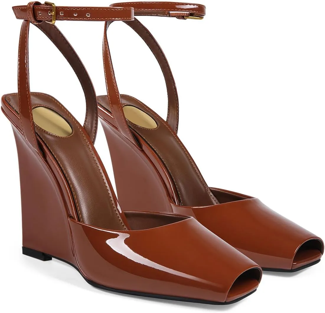 Womens Peep Toe Heels Open Toe Wedge Heels Stiletto Patent Leather Ankle Strap Buckle Sandalsfor Party, Wedding, Evening
