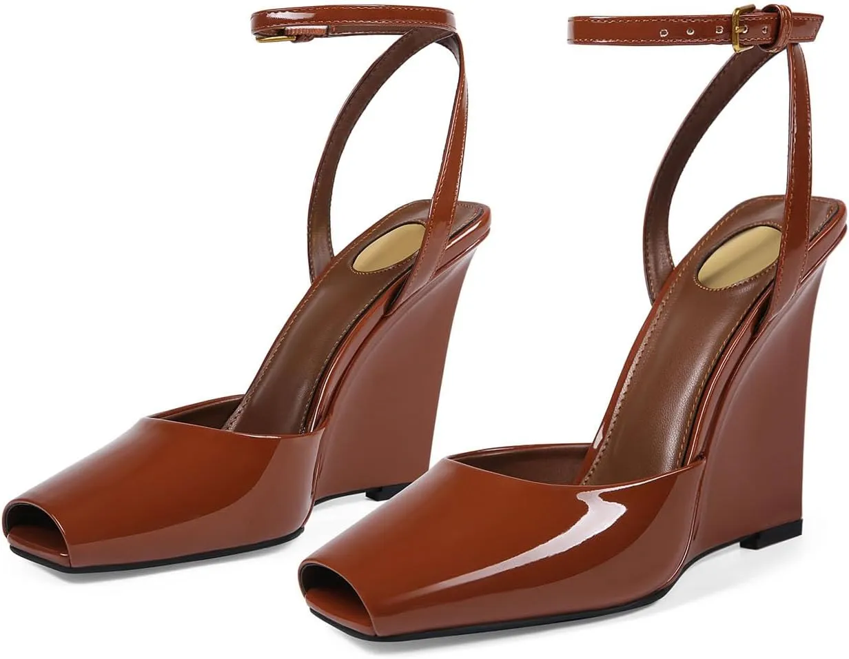 Womens Peep Toe Heels Open Toe Wedge Heels Stiletto Patent Leather Ankle Strap Buckle Sandalsfor Party, Wedding, Evening