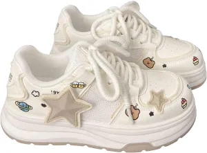 Women's Pink Star Platform Sneakers - Chunky White Y2k Casual Shoes for Campus, Mall & Travel, Non-Slip Footwear