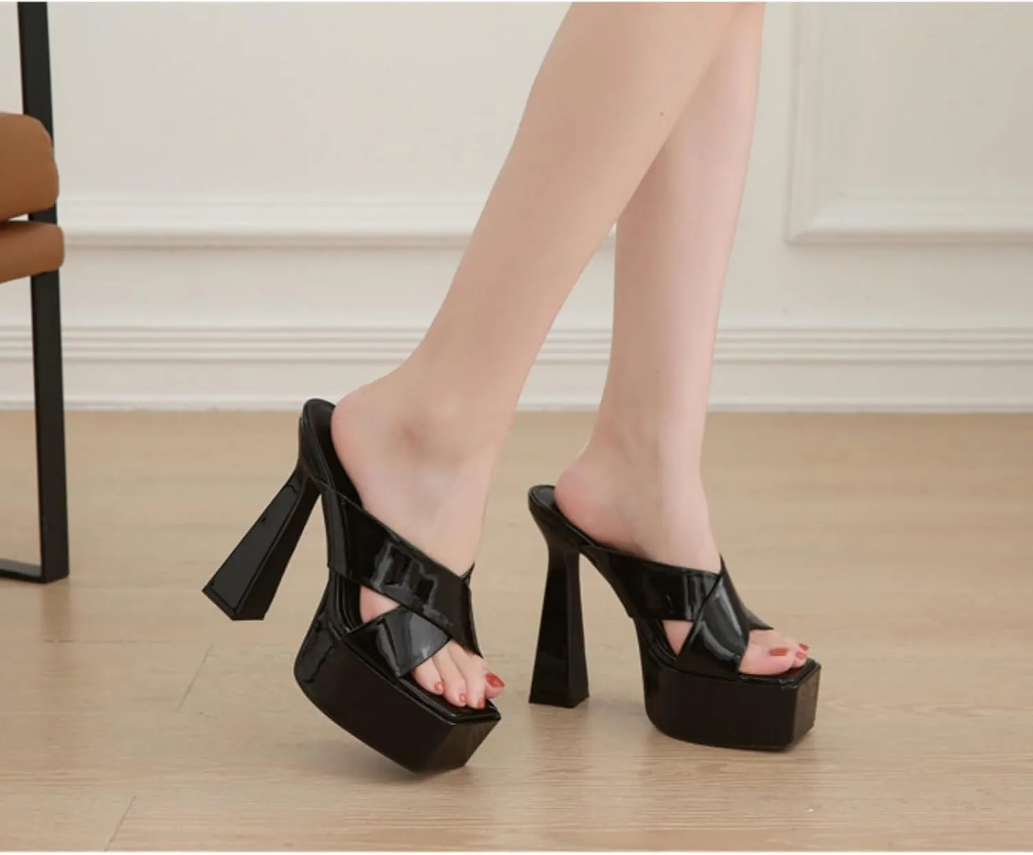 Women's Platform Heels High Chunky Block Heel Square Open Toe Sandals Patent Slip On Pumps Shoes Party Casual High Heels
