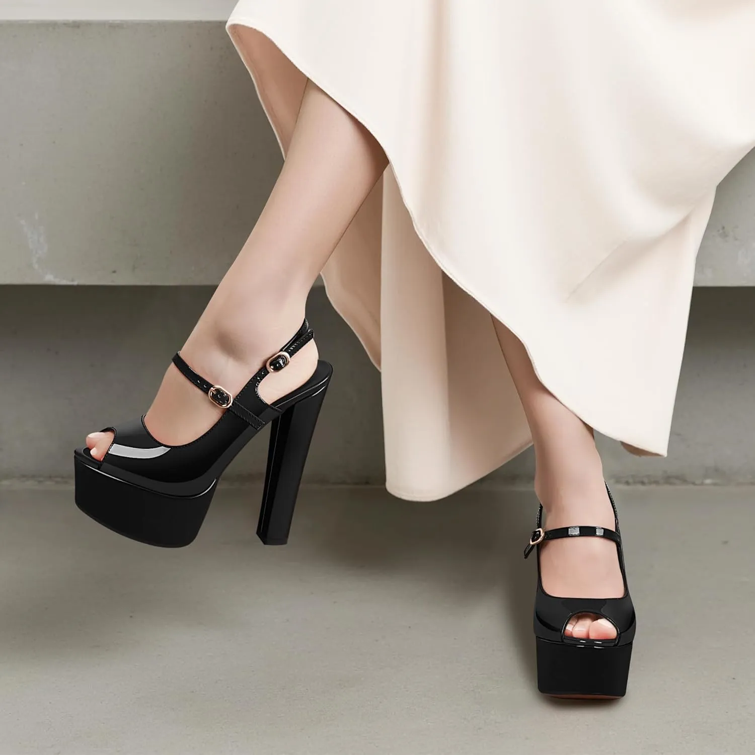 Women's Platform Slingback Sandals Peep Toe Chunky High Heels Buckle Strap Sexy Party Shoes