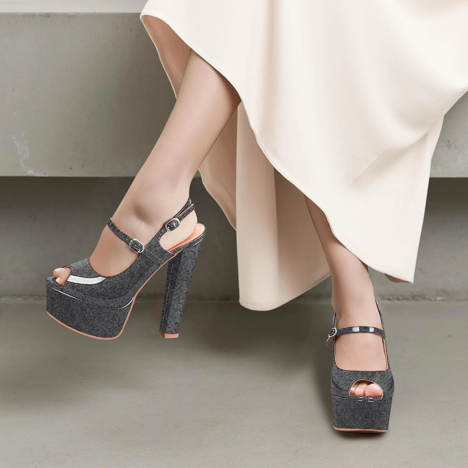 Women's Platform Slingback Sandals Peep Toe Chunky High Heels Buckle Strap Sexy Party Shoes