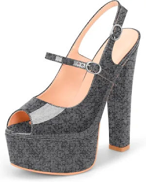 Women's Platform Slingback Sandals Peep Toe Chunky High Heels Buckle Strap Sexy Party Shoes