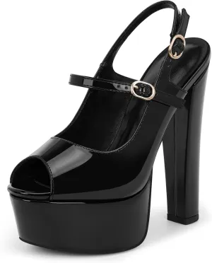Women's Platform Slingback Sandals Peep Toe Chunky High Heels Buckle Strap Sexy Party Shoes