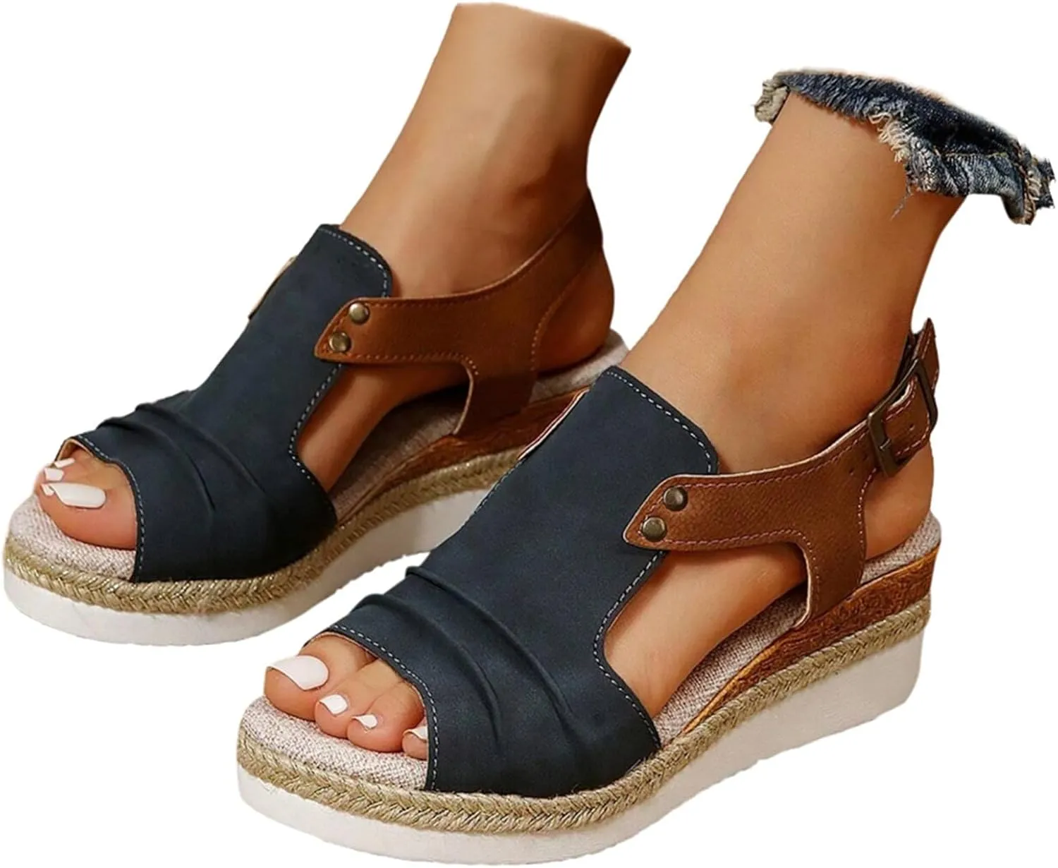 Women's Platform Wedge Sandals,Espadrilles Sandals Open Toe Adjustable Ankle Strap Buckle Low Wedge Leather Comfortable Dressy Summer Sandals Arch Support Casual Walking Sandals Summer