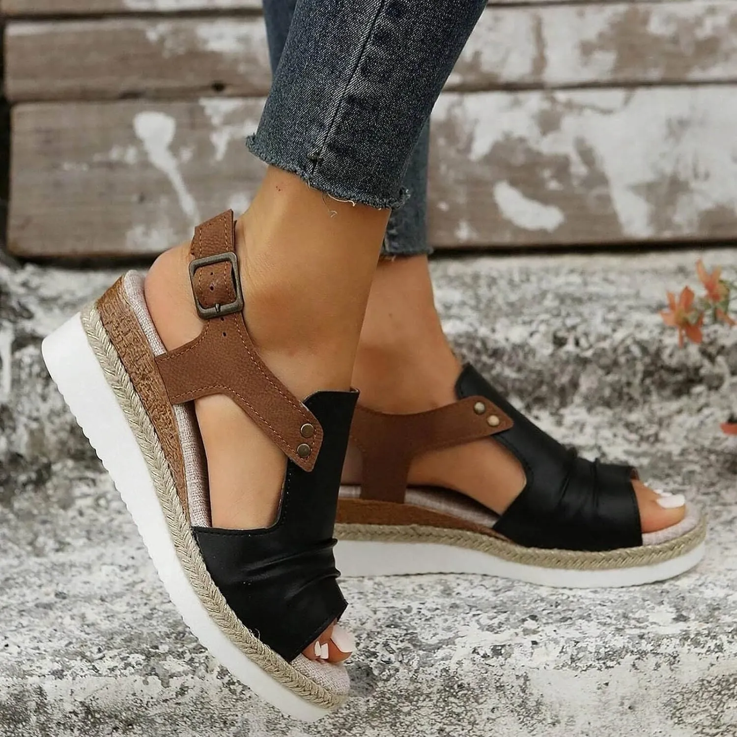 Women's Platform Wedge Sandals,Espadrilles Sandals Open Toe Adjustable Ankle Strap Buckle Low Wedge Leather Comfortable Dressy Summer Sandals Arch Support Casual Walking Sandals Summer