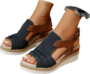 Women's Platform Wedge Sandals,Espadrilles Sandals Open Toe Adjustable Ankle Strap Buckle Low Wedge Leather Comfortable Dressy Summer Sandals Arch Support Casual Walking Sandals Summer