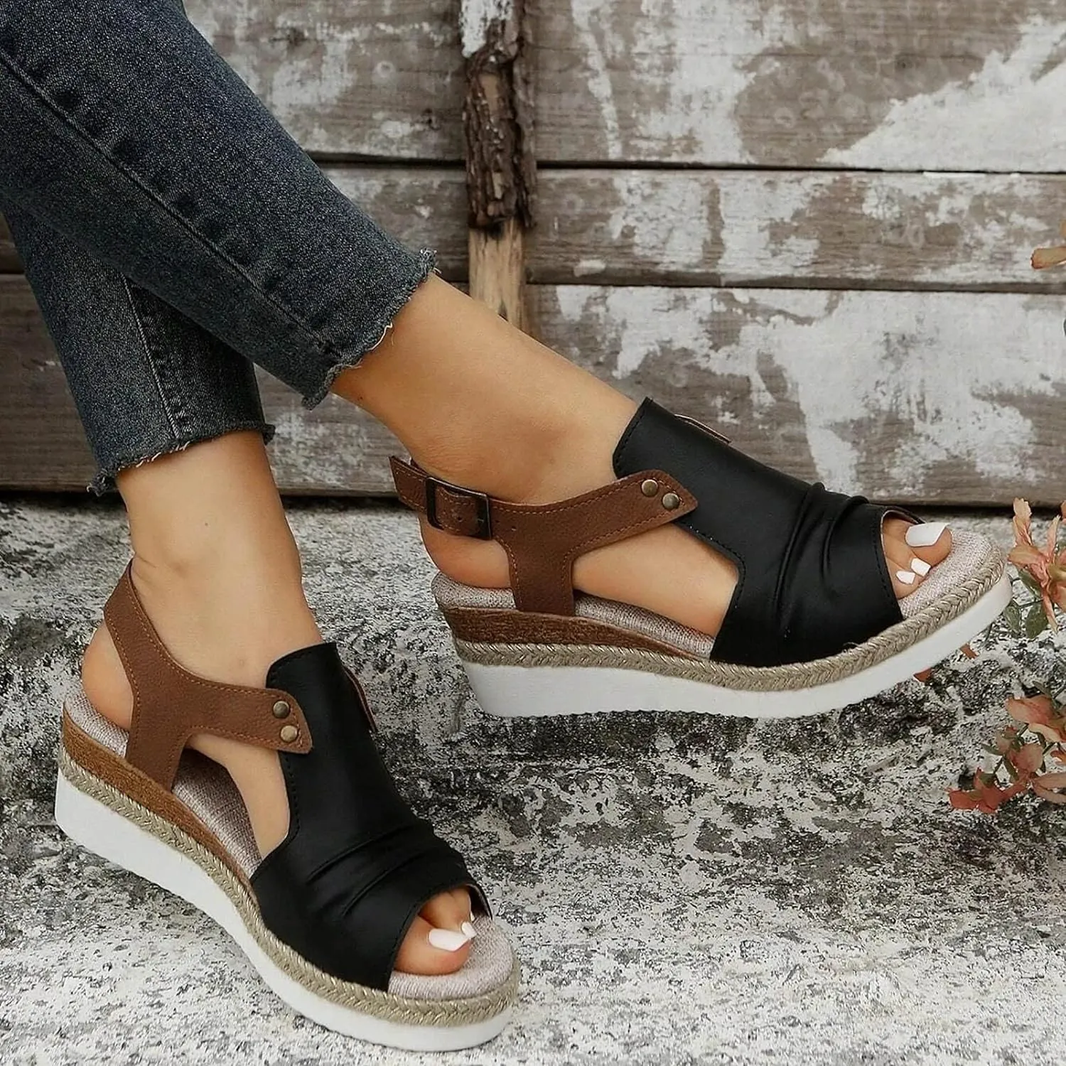 Women's Platform Wedge Sandals,Espadrilles Sandals Open Toe Adjustable Ankle Strap Buckle Low Wedge Leather Comfortable Dressy Summer Sandals Arch Support Casual Walking Sandals Summer