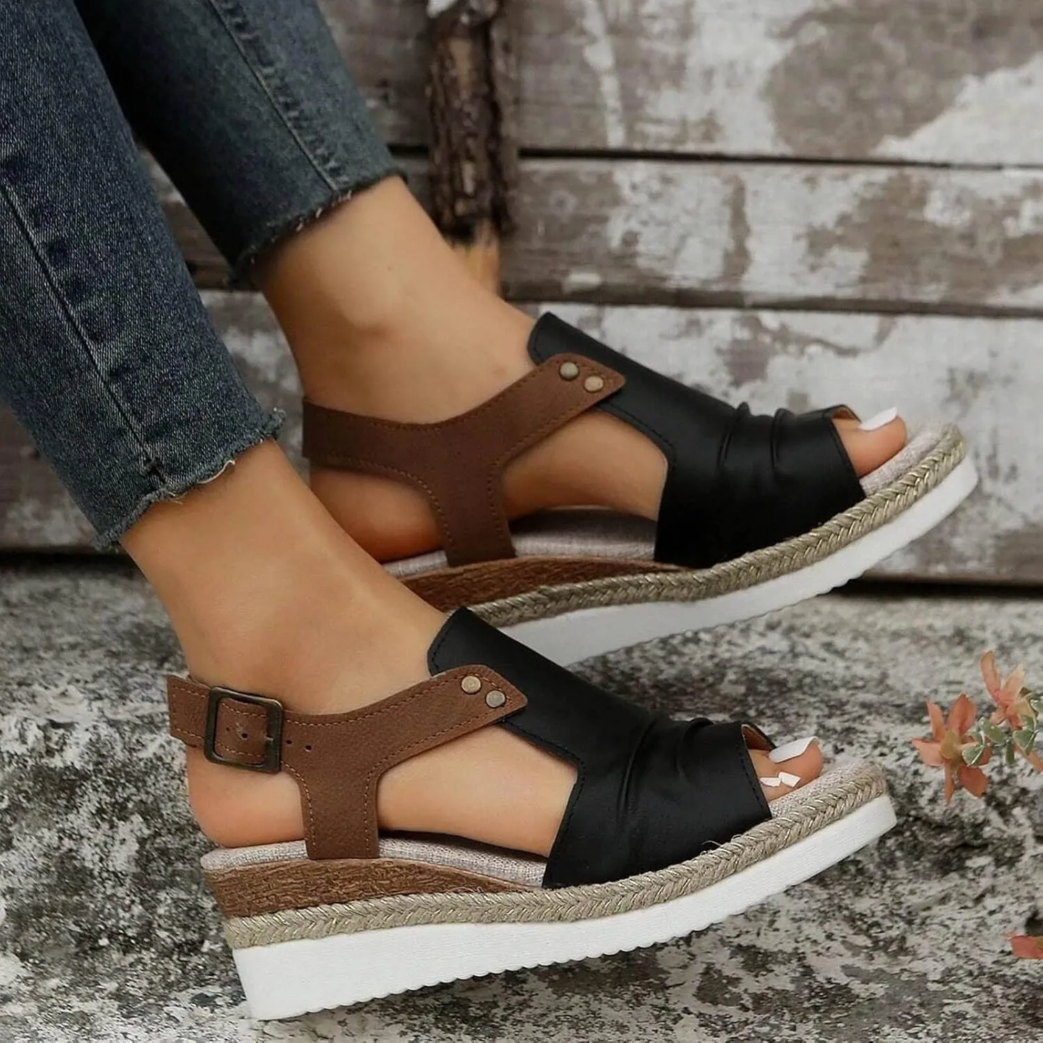 Women's Platform Wedge Sandals,Espadrilles Sandals Open Toe Adjustable Ankle Strap Buckle Low Wedge Leather Comfortable Dressy Summer Sandals Arch Support Casual Walking Sandals Summer