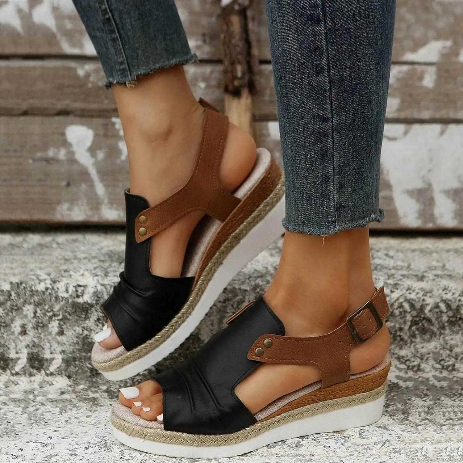 Women's Platform Wedge Sandals,Espadrilles Sandals Open Toe Adjustable Ankle Strap Buckle Low Wedge Leather Comfortable Dressy Summer Sandals Arch Support Casual Walking Sandals Summer