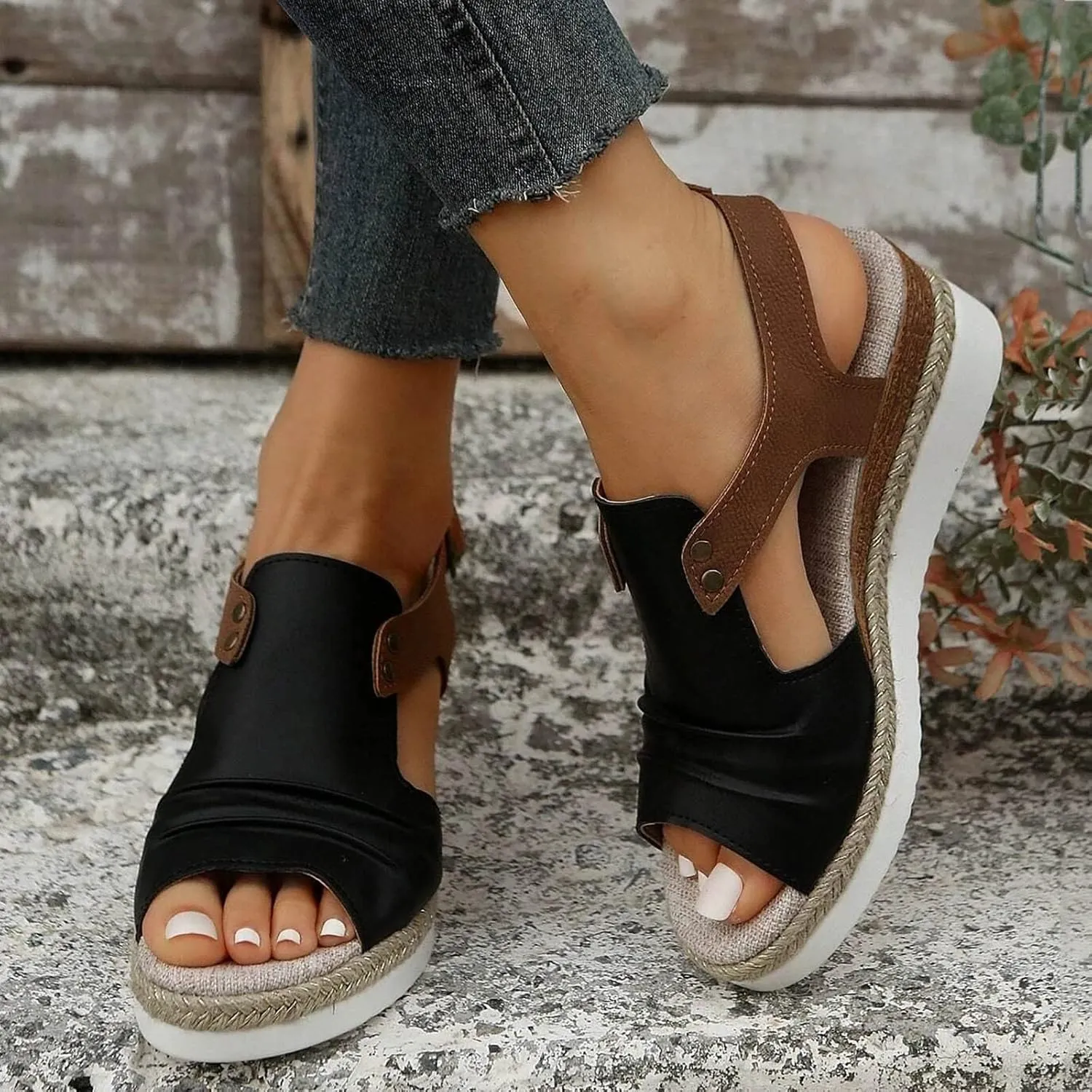 Women's Platform Wedge Sandals,Espadrilles Sandals Open Toe Adjustable Ankle Strap Buckle Low Wedge Leather Comfortable Dressy Summer Sandals Arch Support Casual Walking Sandals Summer