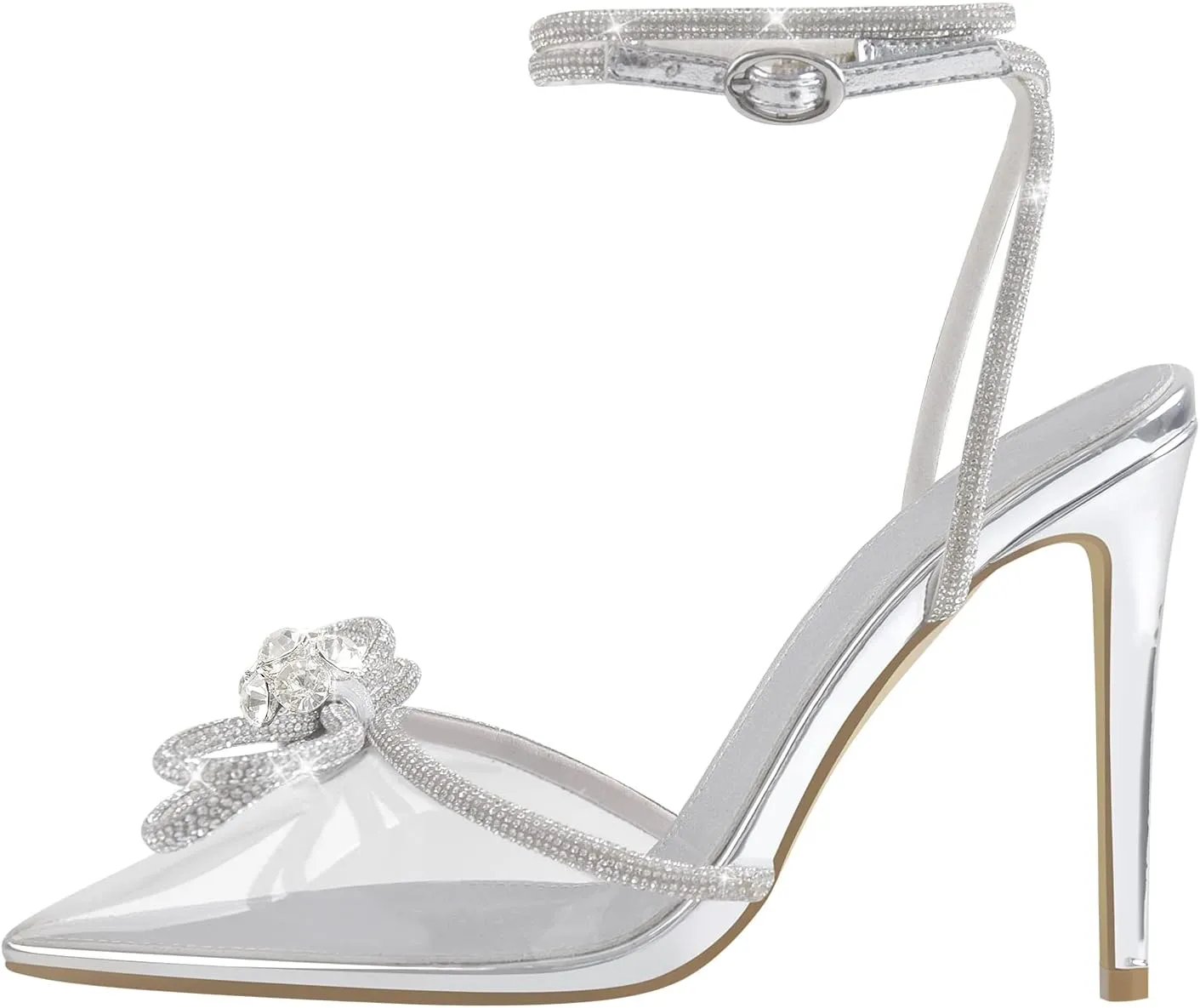 Women's Pointy Toe Satin High Heels Ankle Strap Rhinestone Stilettos Bowknots Wedding Sandals