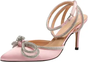 Women's Pointy Toe Satin High Heels Ankle Strap Rhinestone Stilettos Bowknots Wedding Sandals