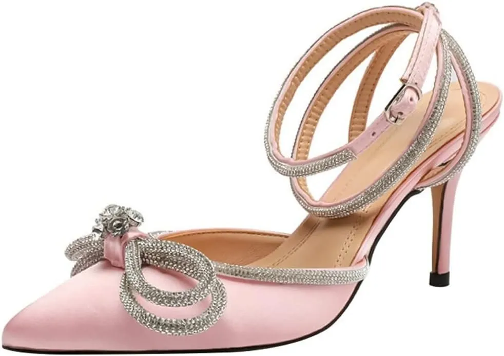 Women's Pointy Toe Satin High Heels Ankle Strap Rhinestone Stilettos Bowknots Wedding Sandals