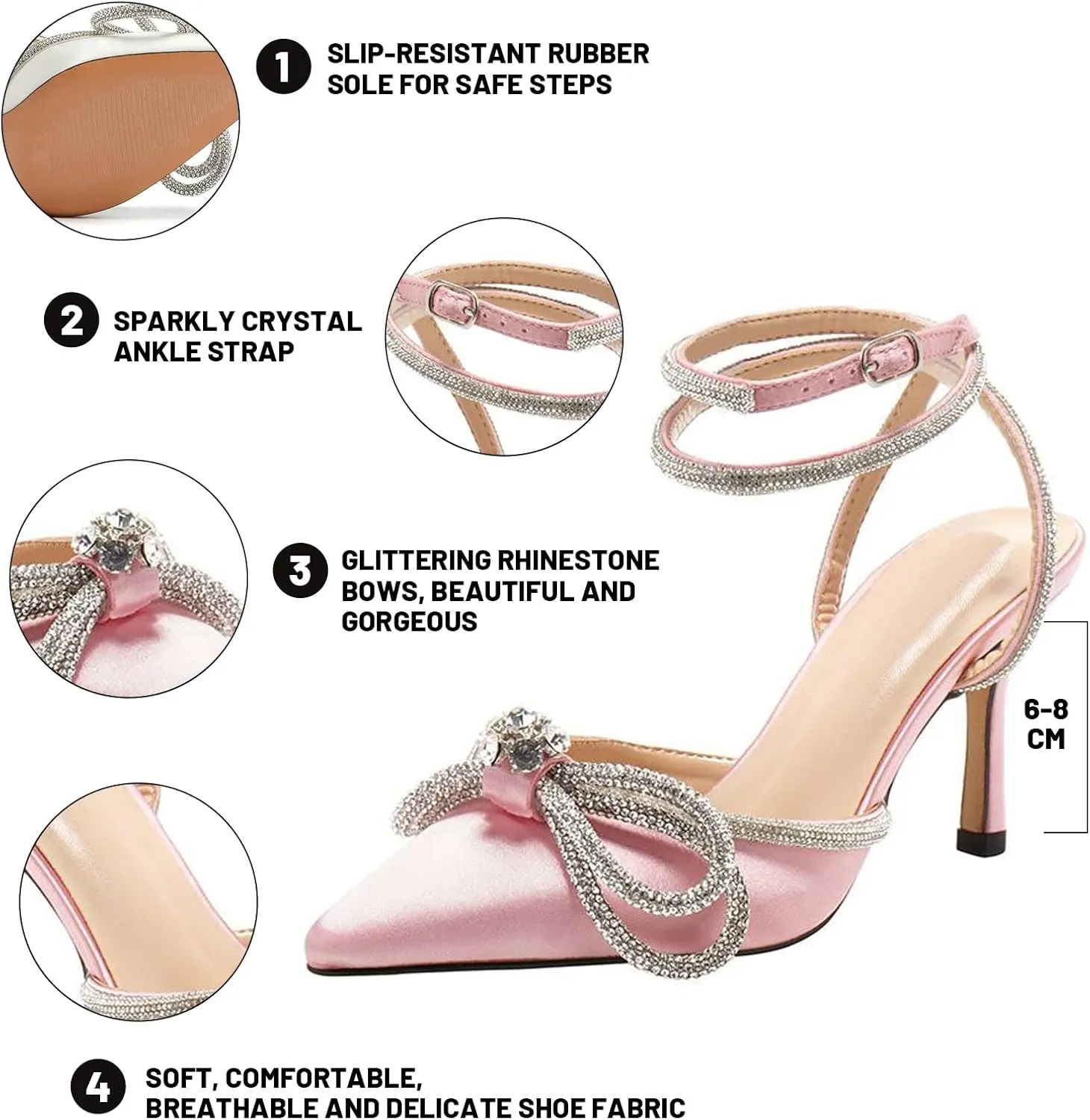 Women's Pointy Toe Satin High Heels Ankle Strap Rhinestone Stilettos Bowknots Wedding Sandals