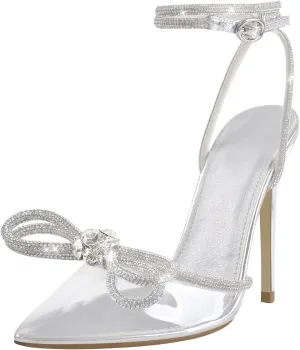 Women's Pointy Toe Satin High Heels Ankle Strap Rhinestone Stilettos Bowknots Wedding Sandals