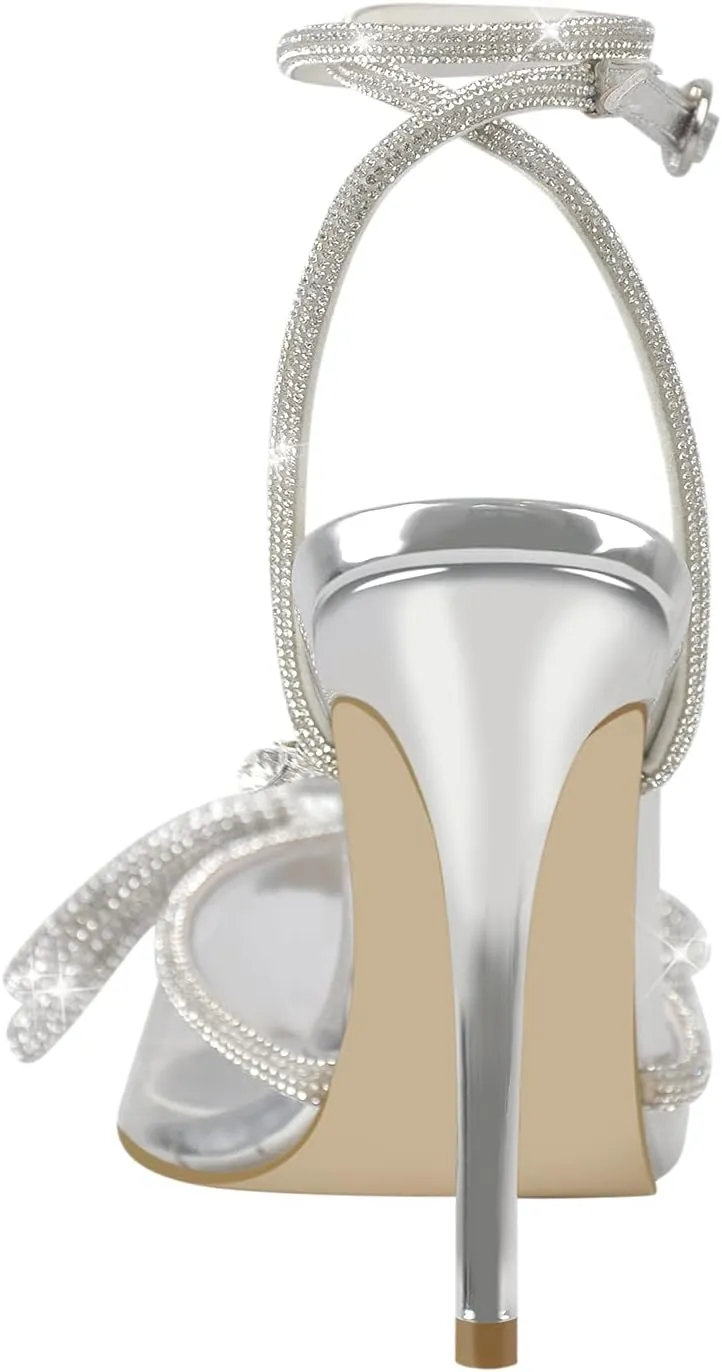 Women's Pointy Toe Satin High Heels Ankle Strap Rhinestone Stilettos Bowknots Wedding Sandals