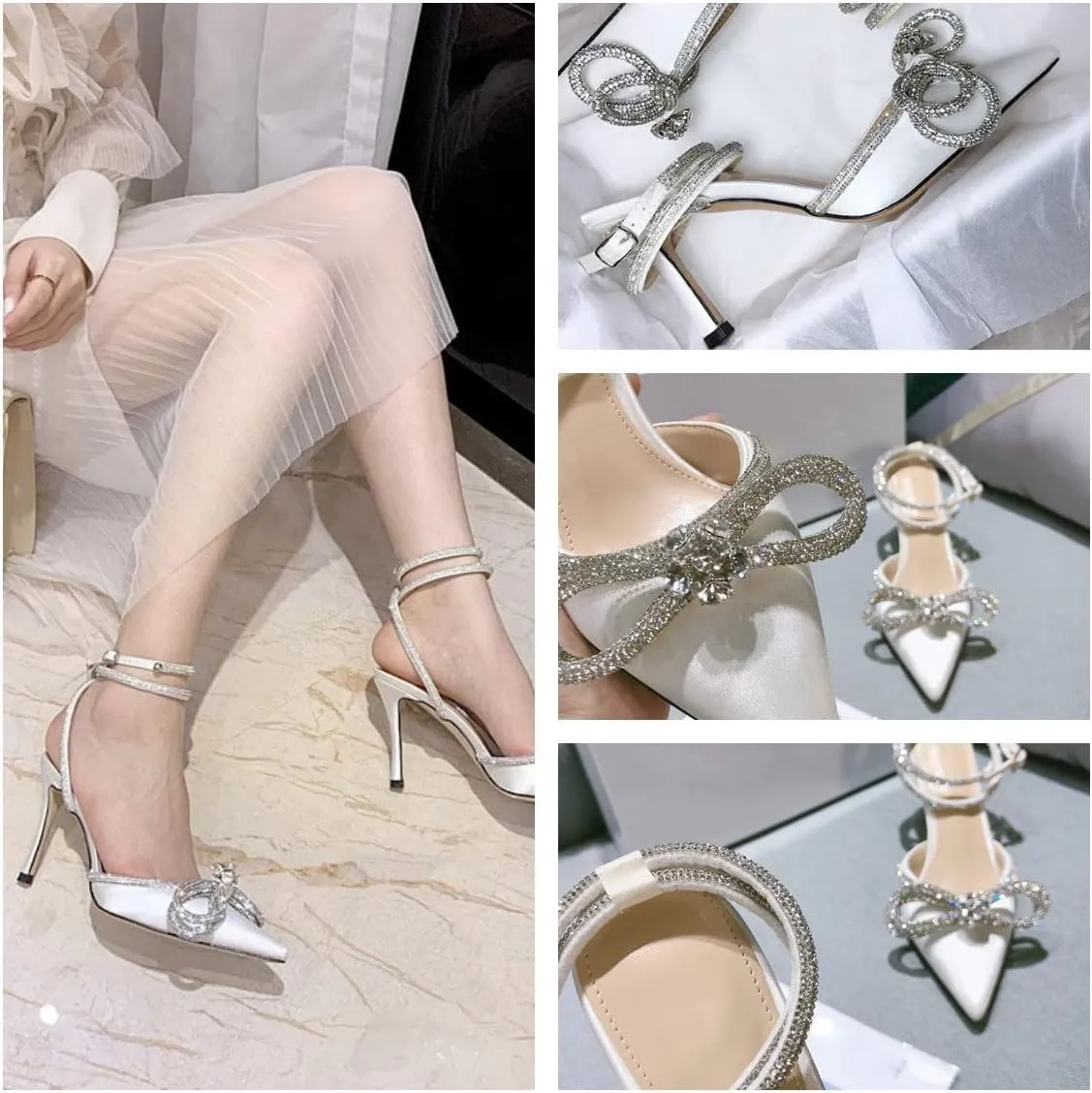 Women's Pointy Toe Satin High Heels Ankle Strap Rhinestone Stilettos Bowknots Wedding Sandals