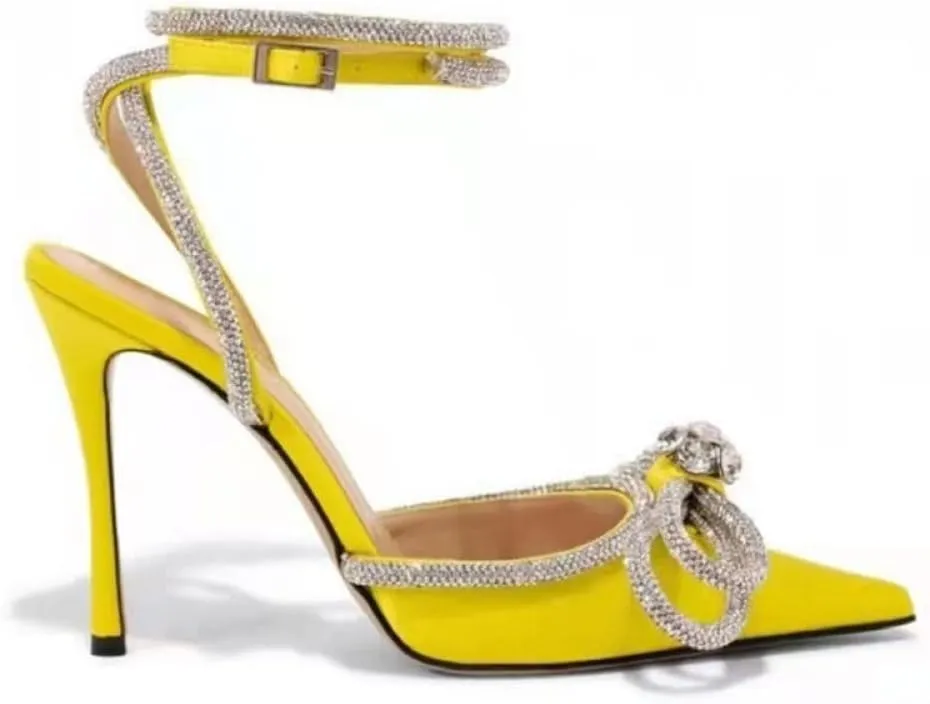 Women's Pointy Toe Satin High Heels Ankle Strap Rhinestone Stilettos Bowknots Wedding Sandals