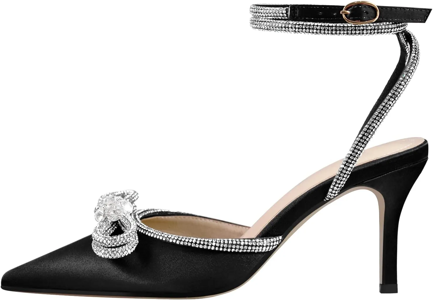 Women's Pointy Toe Satin High Heels Ankle Strap Rhinestone Stilettos Bowknots Wedding Sandals