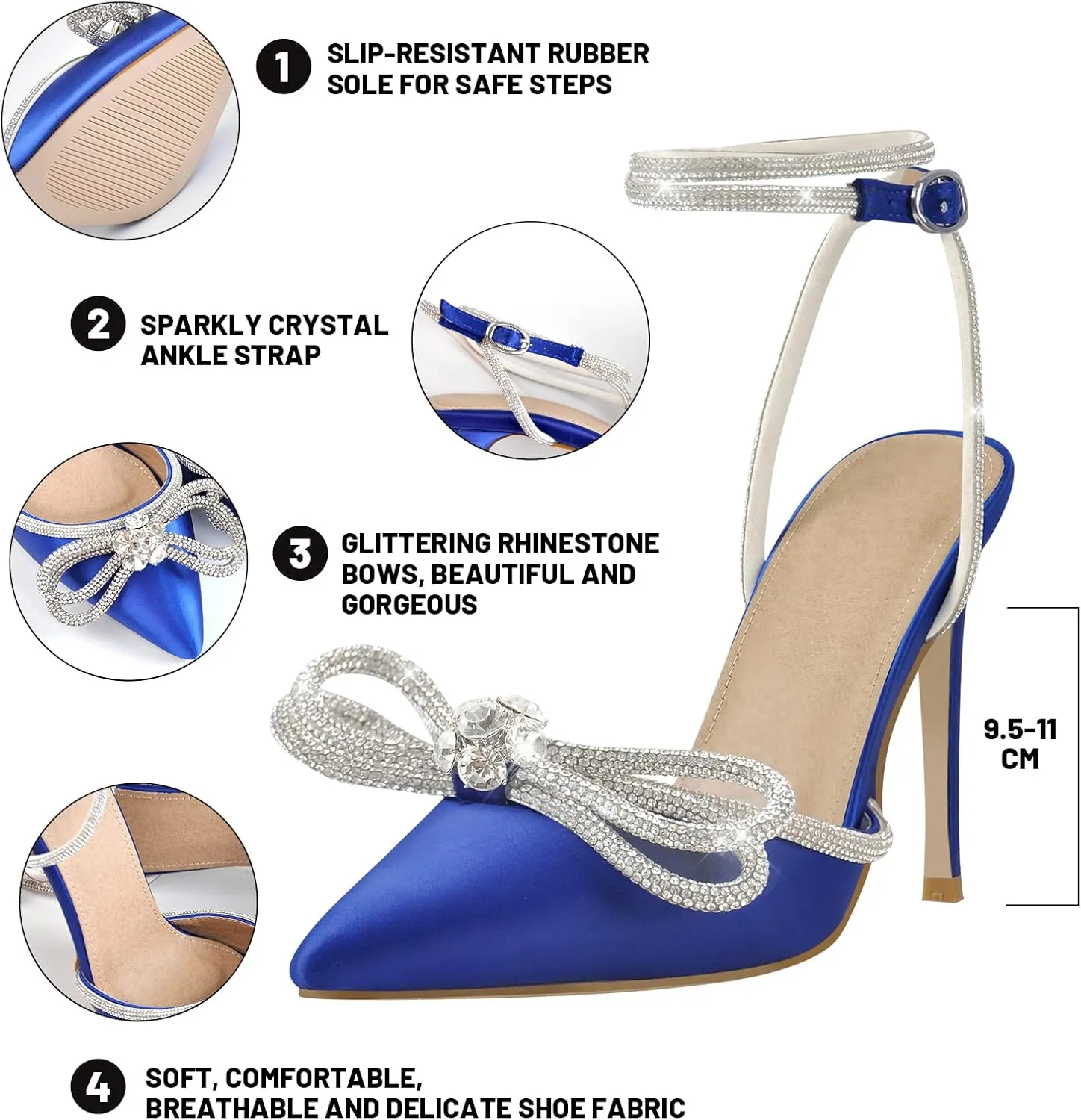 Women's Pointy Toe Satin High Heels Ankle Strap Rhinestone Stilettos Bowknots Wedding Sandals