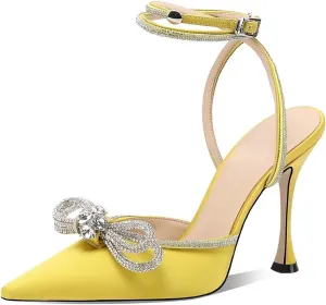 Women's Pointy Toe Satin High Heels Ankle Strap Rhinestone Stilettos Bowknots Wedding Sandals