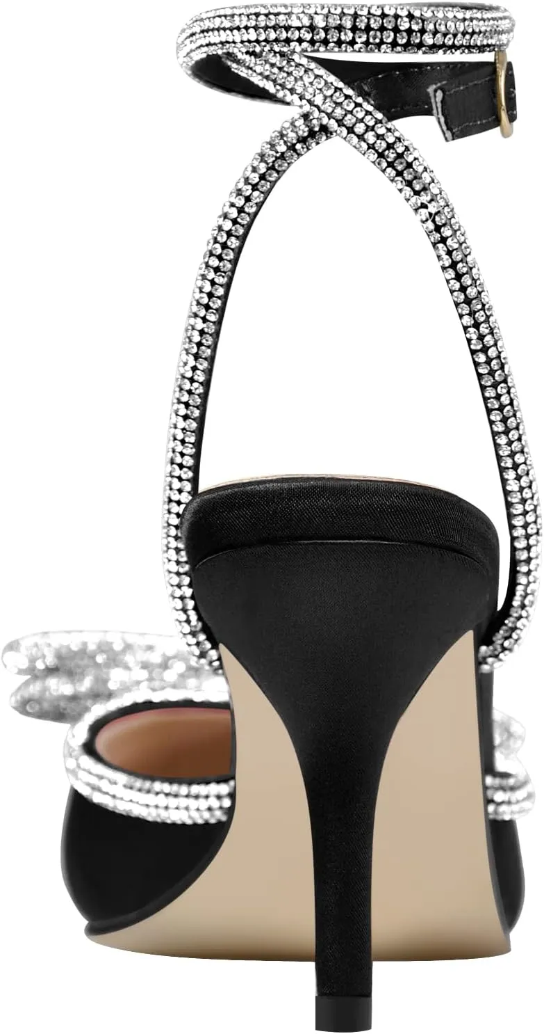 Women's Pointy Toe Satin High Heels Ankle Strap Rhinestone Stilettos Bowknots Wedding Sandals