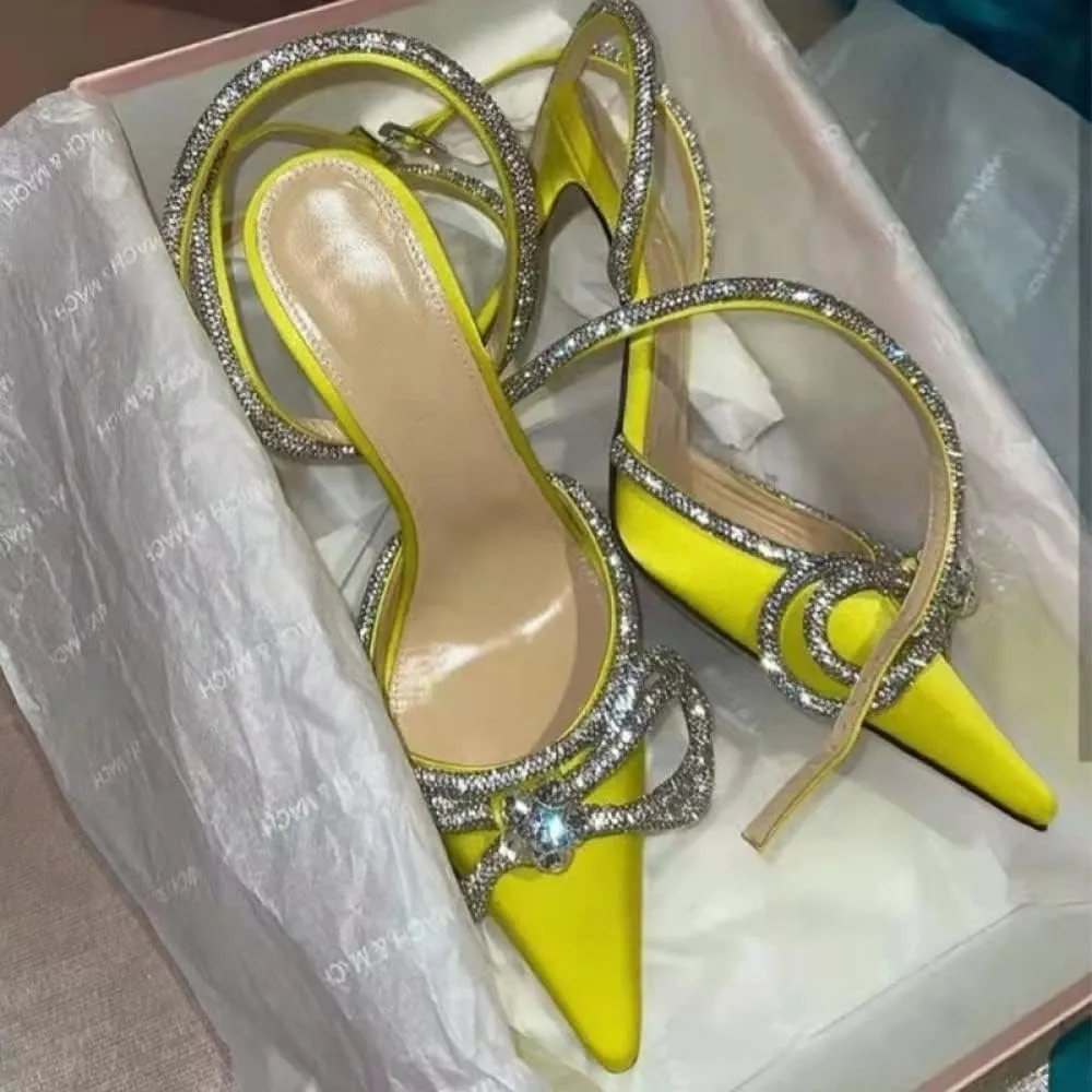 Women's Pointy Toe Satin High Heels Ankle Strap Rhinestone Stilettos Bowknots Wedding Sandals
