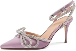 Women's Pointy Toe Satin High Heels Ankle Strap Rhinestone Stilettos Bowknots Wedding Sandals
