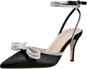 Women's Pointy Toe Satin High Heels Ankle Strap Rhinestone Stilettos Bowknots Wedding Sandals
