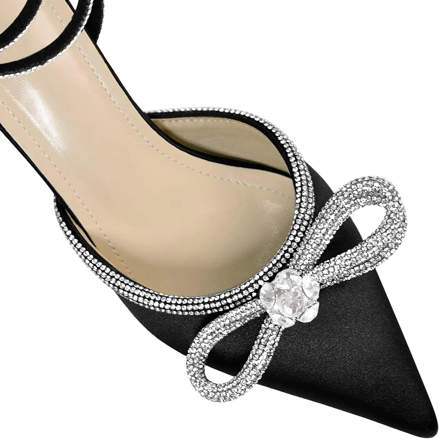 Women's Pointy Toe Satin High Heels Ankle Strap Rhinestone Stilettos Bowknots Wedding Sandals