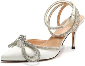 Women's Pointy Toe Satin High Heels Ankle Strap Rhinestone Stilettos Bowknots Wedding Sandals