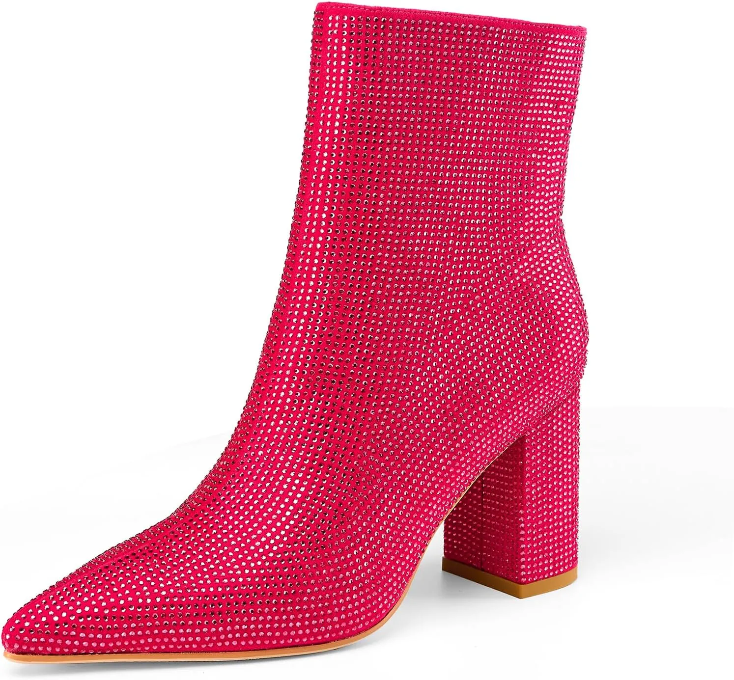 Women's Rhinestone Bling Chunky Heel Ankle Boots Fashion Sparkly Pointed Toe Suede Size Zipper Heeled Booties