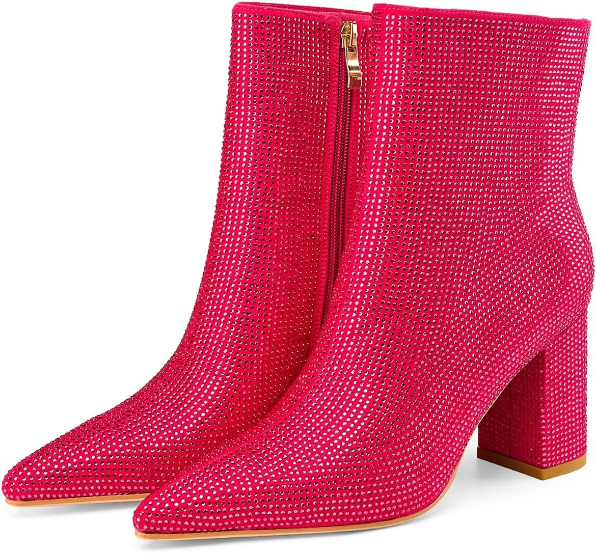 Women's Rhinestone Bling Chunky Heel Ankle Boots Fashion Sparkly Pointed Toe Suede Size Zipper Heeled Booties