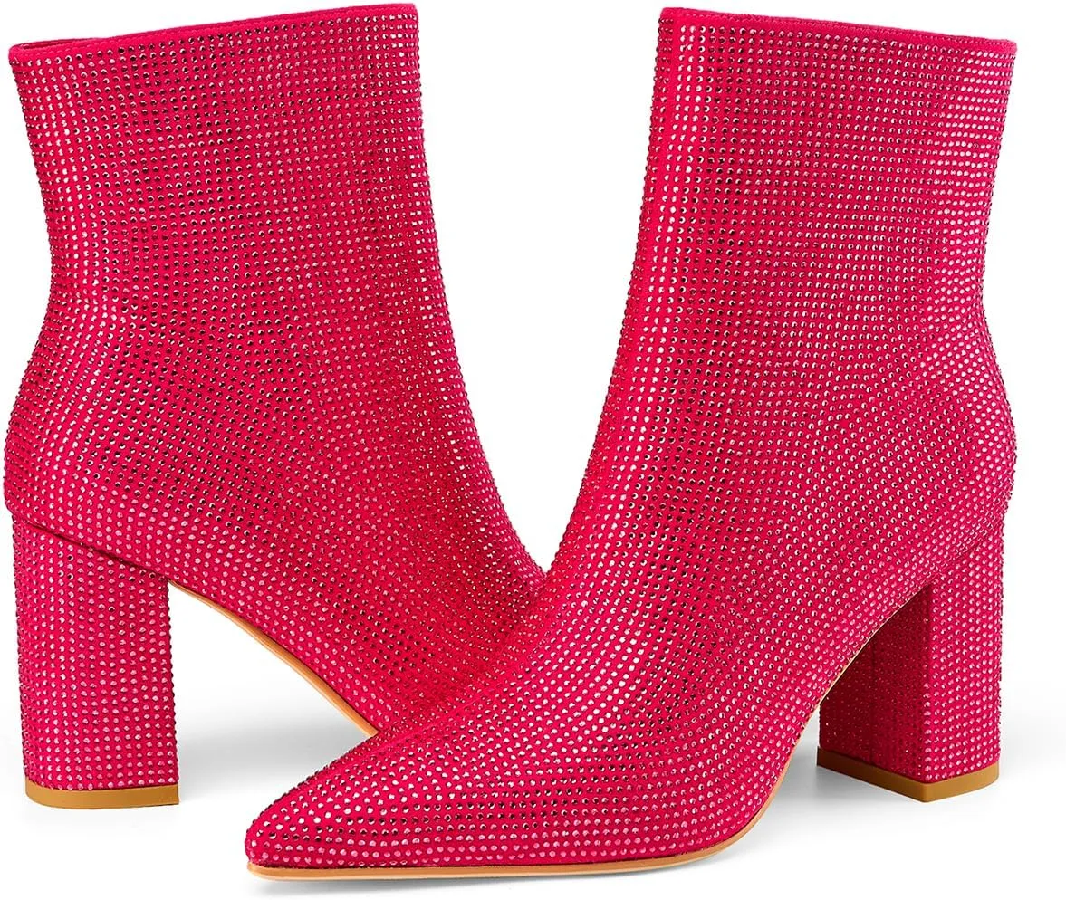 Women's Rhinestone Bling Chunky Heel Ankle Boots Fashion Sparkly Pointed Toe Suede Size Zipper Heeled Booties