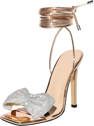 Women's Rhinestone Bow Heels Square Toe Ankle Strappy Lace Up Stiletto High Heeled Sandals