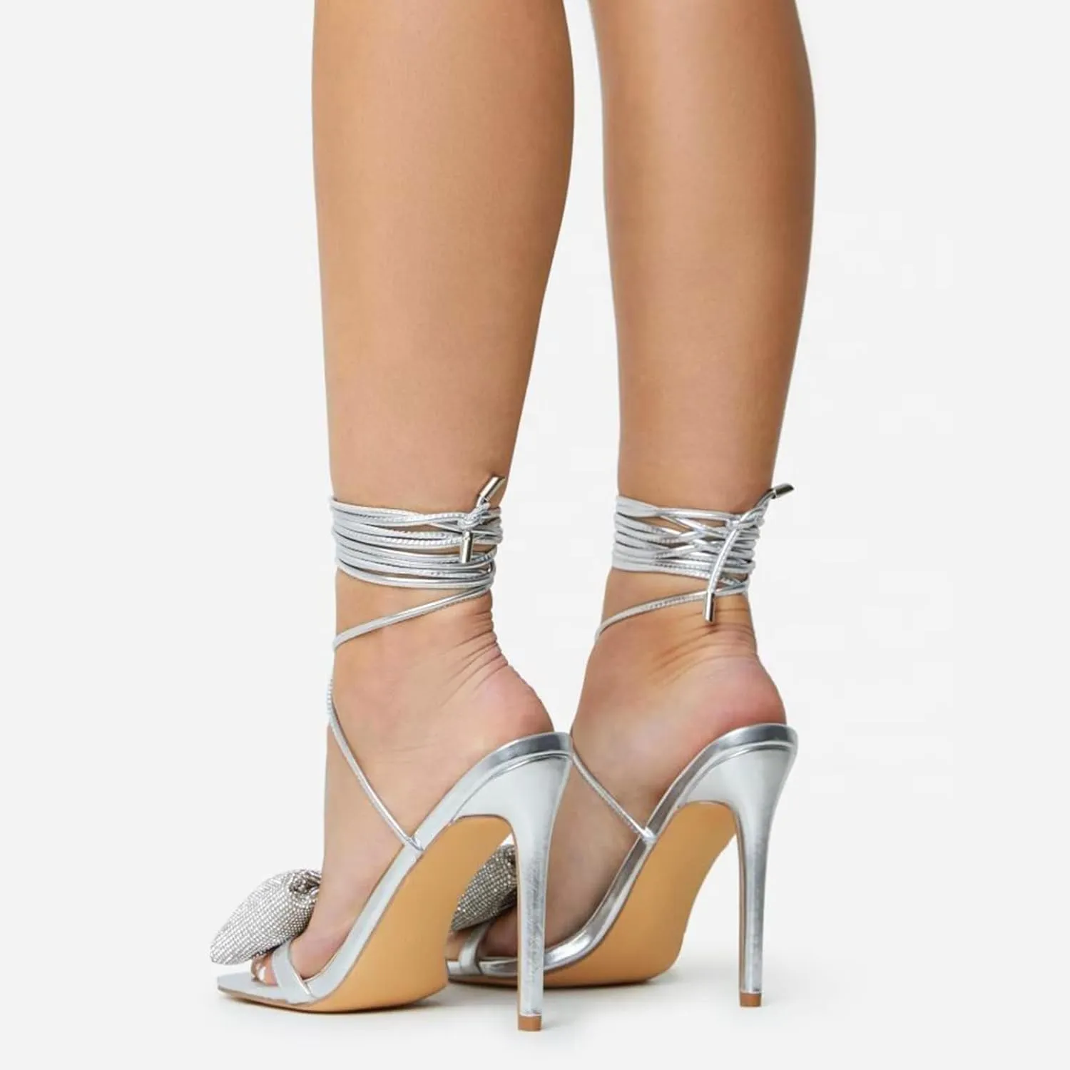 Women's Rhinestone Bow Heels Square Toe Ankle Strappy Lace Up Stiletto High Heeled Sandals