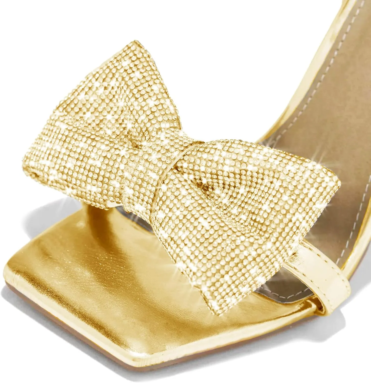 Women's Rhinestone Bow Heels Square Toe Ankle Strappy Lace Up Stiletto High Heeled Sandals