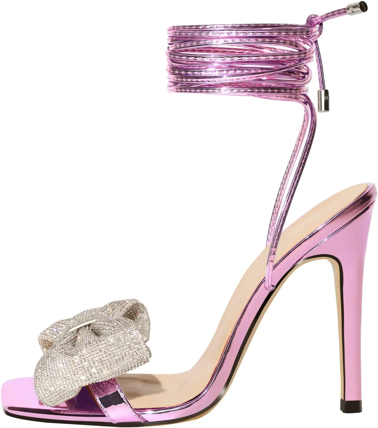 Women's Rhinestone Bow Heels Square Toe Ankle Strappy Lace Up Stiletto High Heeled Sandals