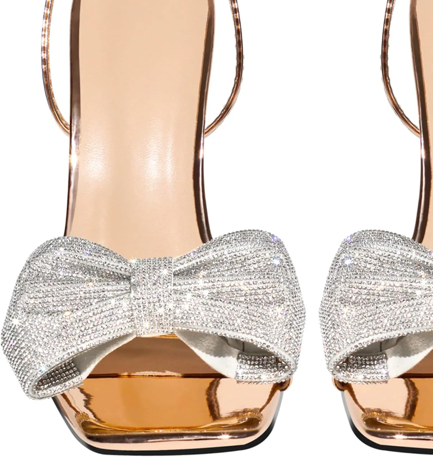 Women's Rhinestone Bow Heels Square Toe Ankle Strappy Lace Up Stiletto High Heeled Sandals