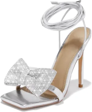 Women's Rhinestone Bow Heels Square Toe Ankle Strappy Lace Up Stiletto High Heeled Sandals