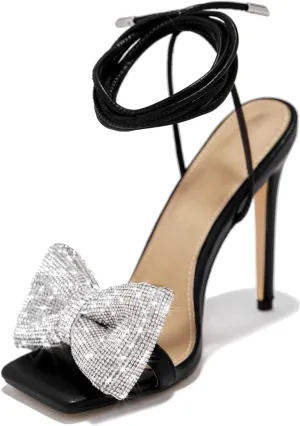 Women's Rhinestone Bow Heels Square Toe Ankle Strappy Lace Up Stiletto High Heeled Sandals
