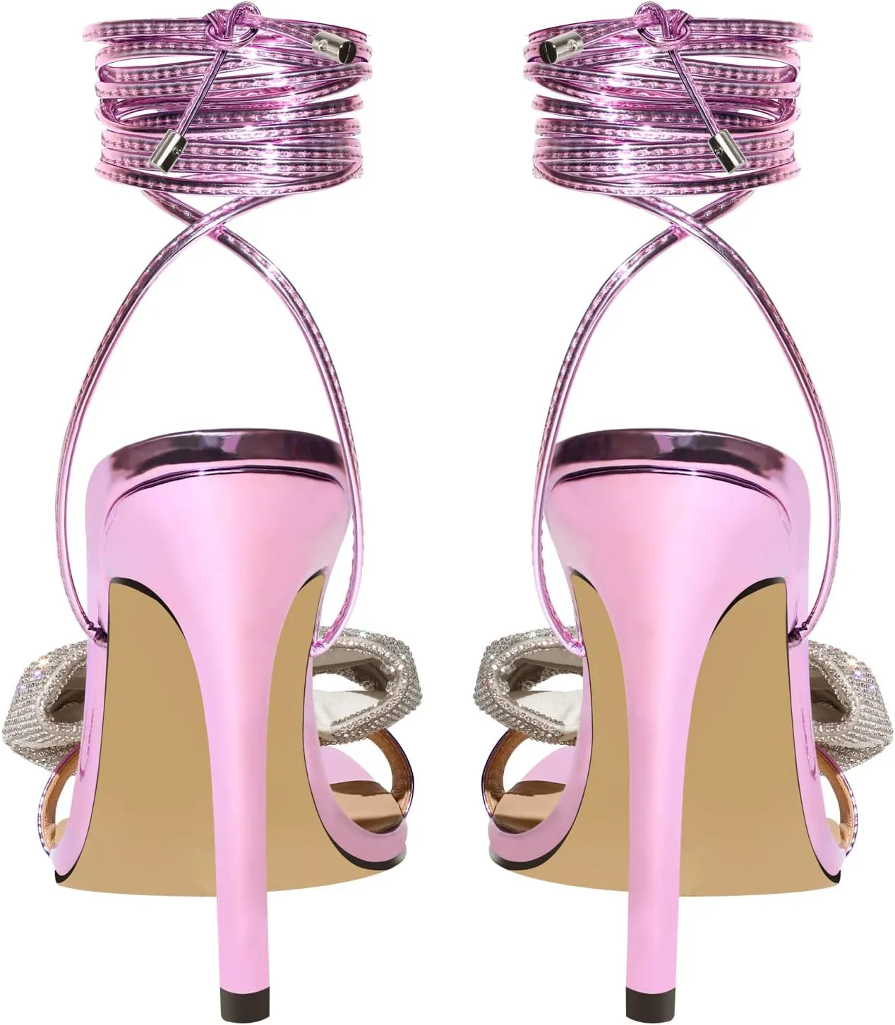 Women's Rhinestone Bow Heels Square Toe Ankle Strappy Lace Up Stiletto High Heeled Sandals