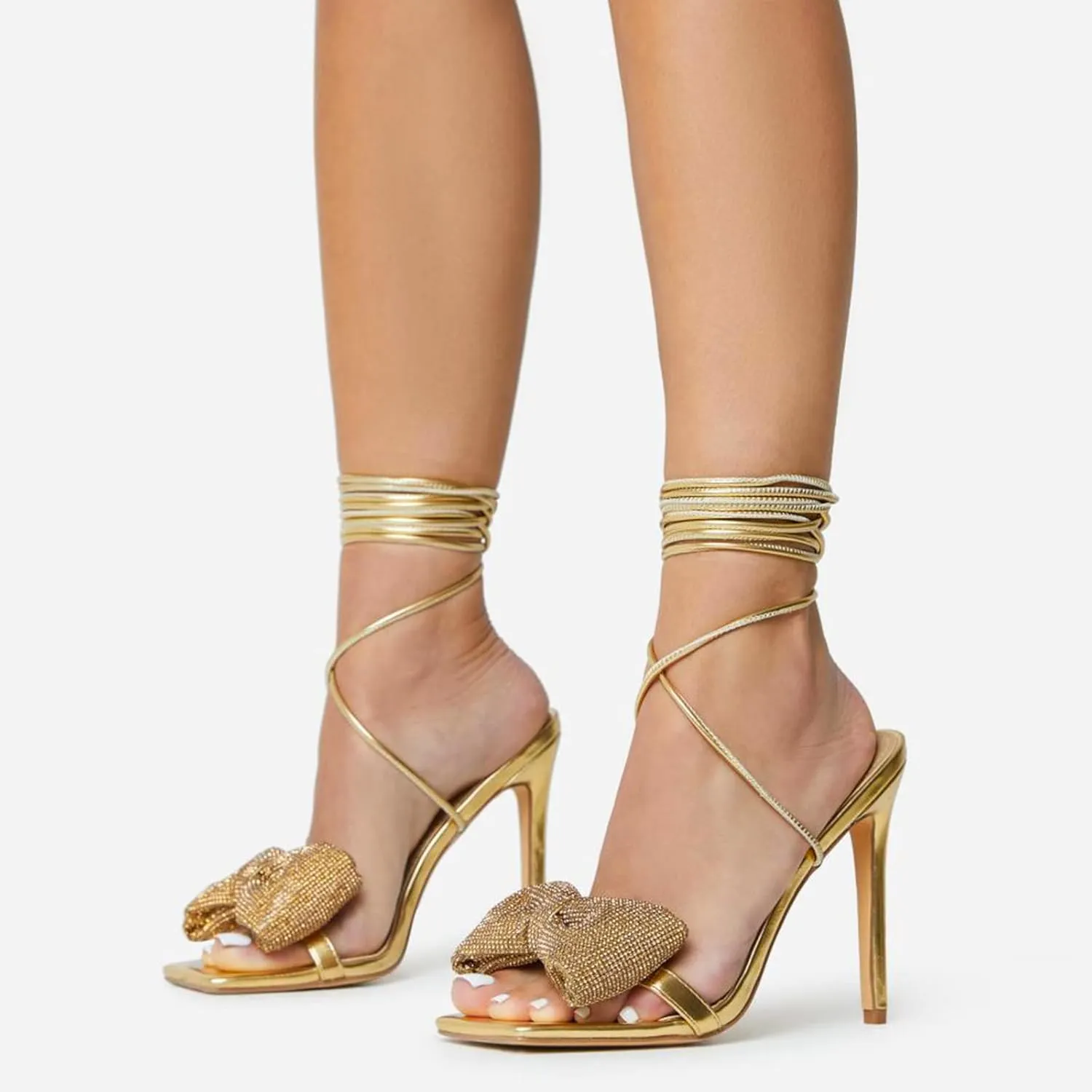 Women's Rhinestone Bow Heels Square Toe Ankle Strappy Lace Up Stiletto High Heeled Sandals
