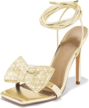 Women's Rhinestone Bow Heels Square Toe Ankle Strappy Lace Up Stiletto High Heeled Sandals