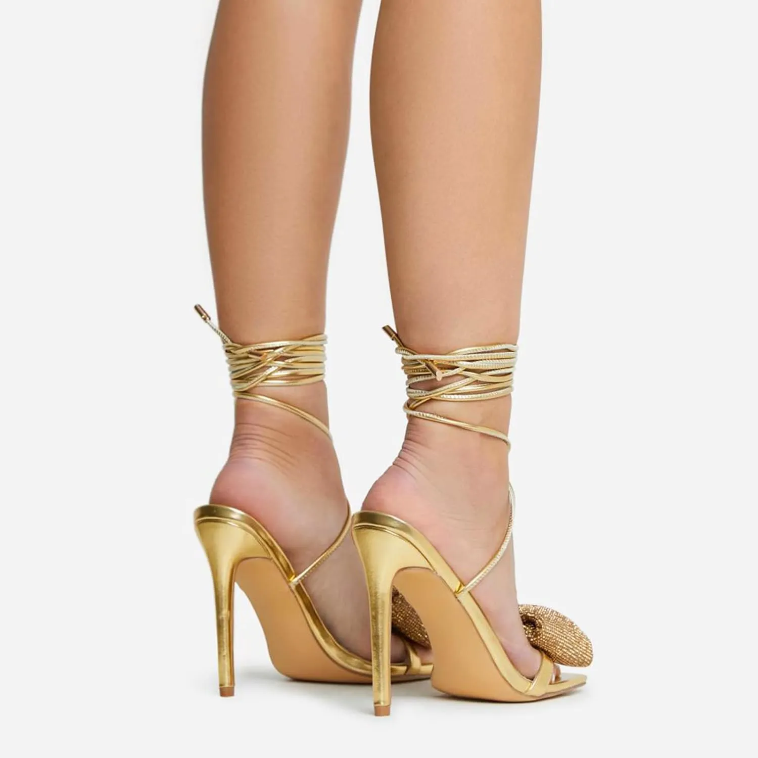 Women's Rhinestone Bow Heels Square Toe Ankle Strappy Lace Up Stiletto High Heeled Sandals